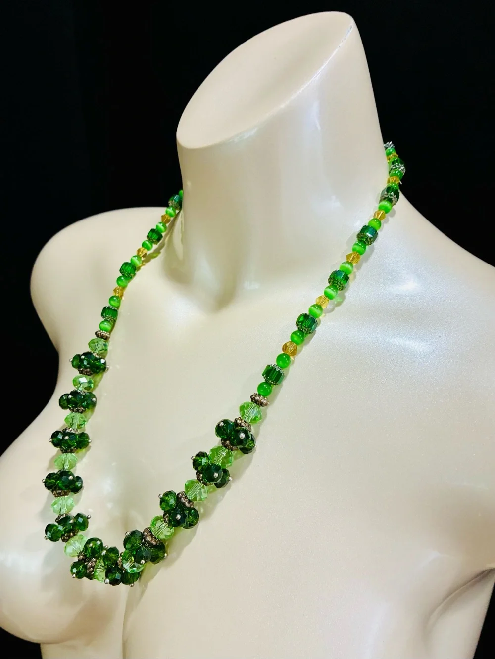 High End Austrian Crystal Dark and Light Green Beaded Necklace - Designer Style